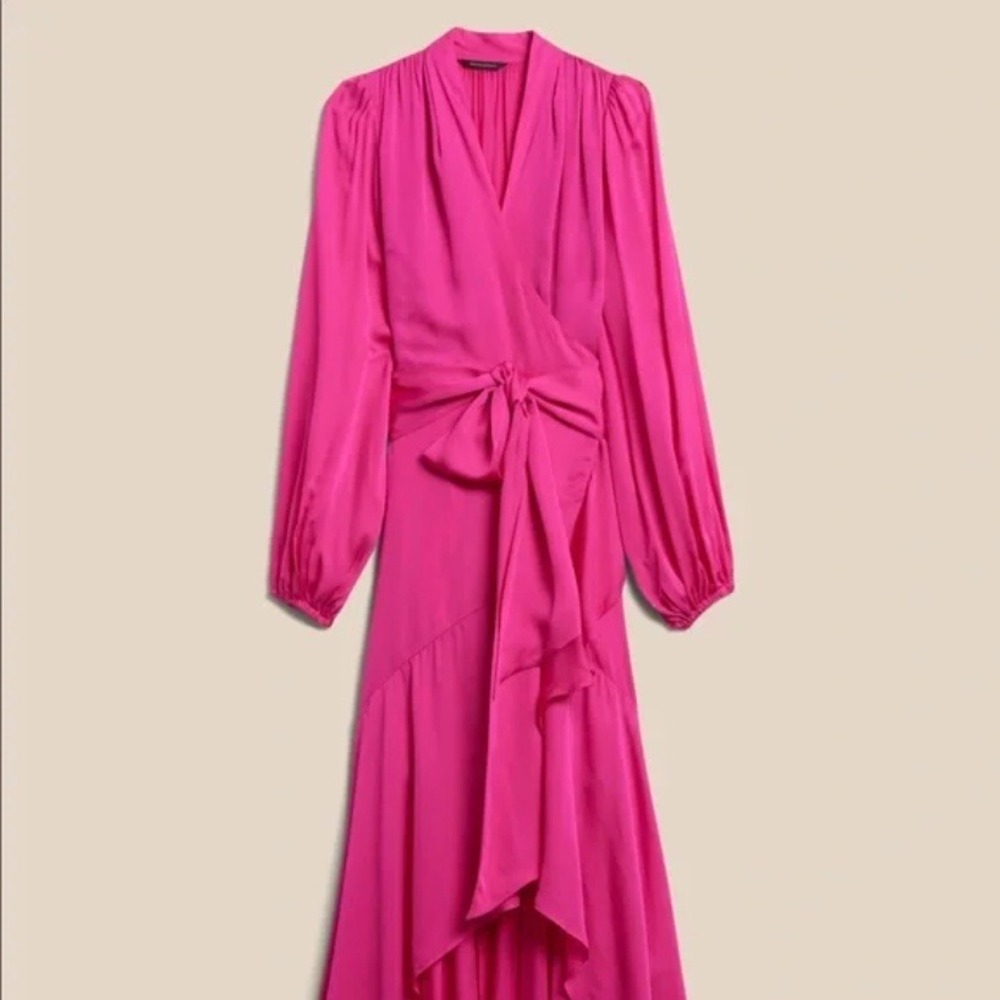 Banana Republic Pink‎ Satin Ruffle Wrap Maxi Dress Size Large